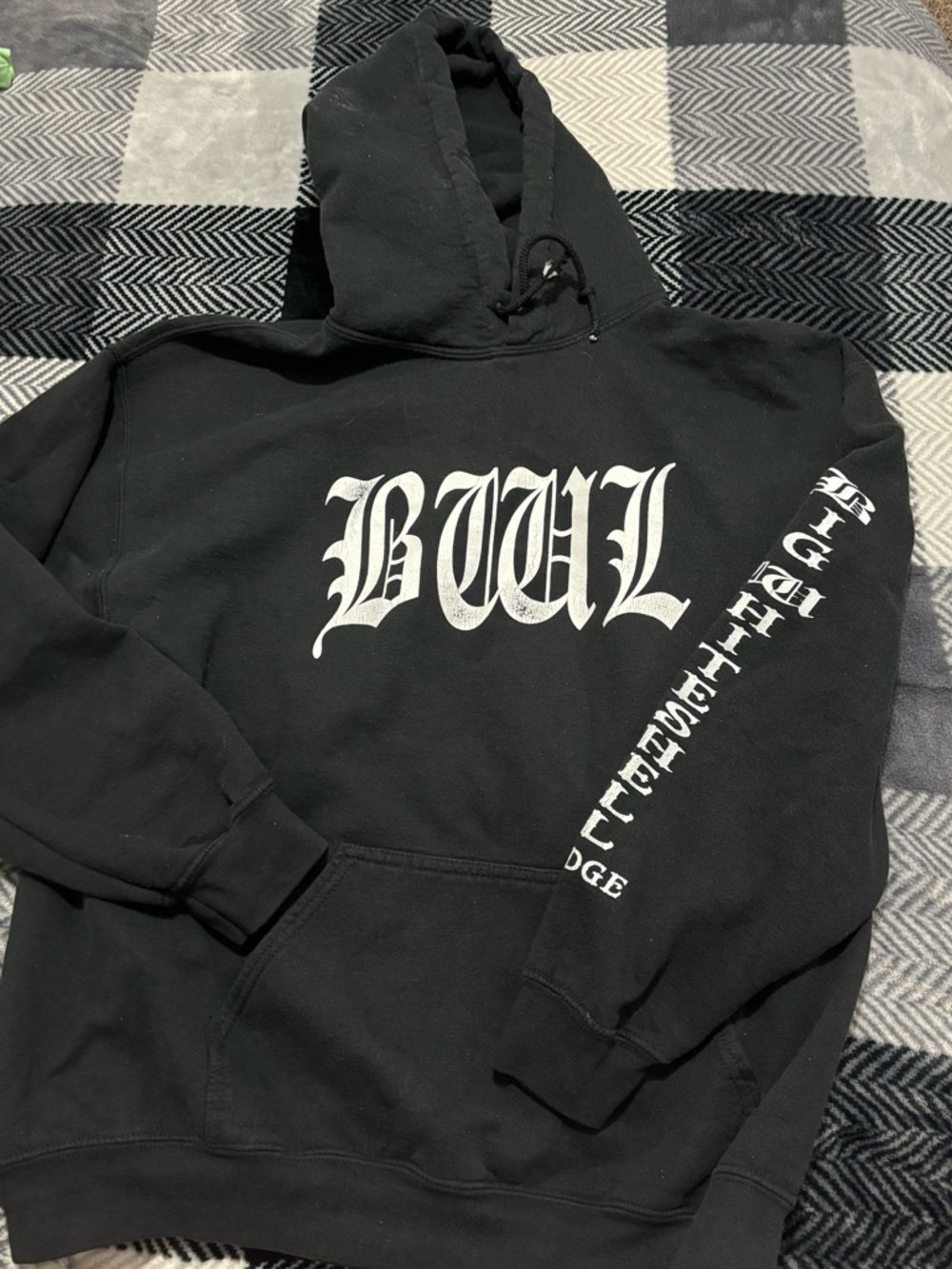 Black Graphic Pullover Hoodie with Gothic Script